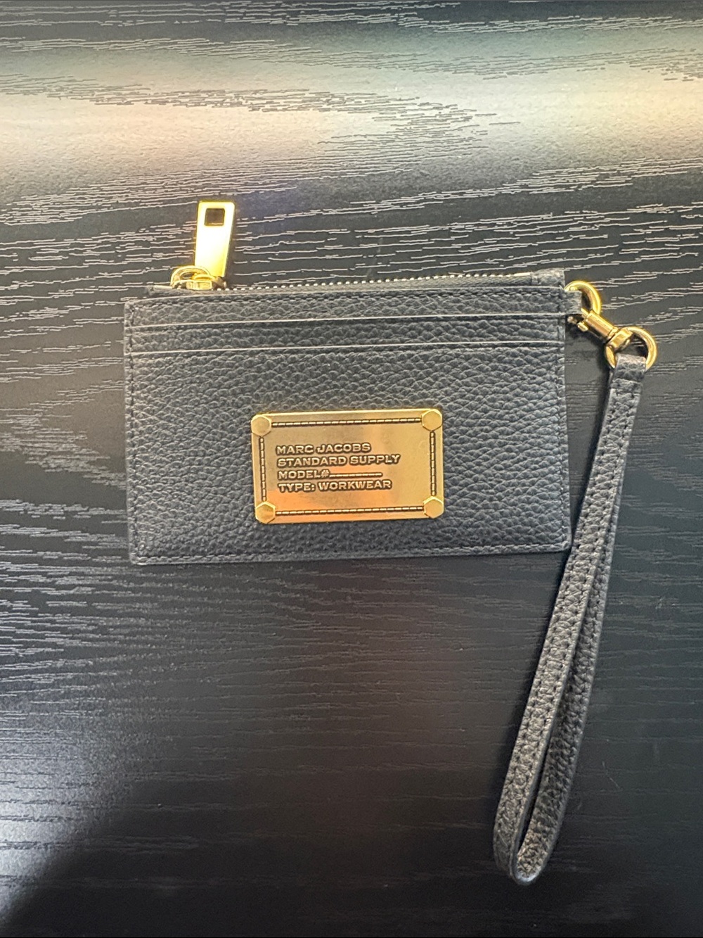 Marc Jacobs Black Pebbled Leather Wristlet Card Pouch with Gold Plaque
